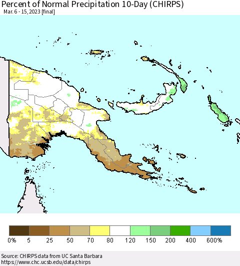 Papua New Guinea Percent of Normal Precipitation 10-Day (CHIRPS) Thematic Map For 3/6/2023 - 3/15/2023