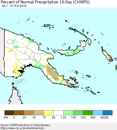 Papua New Guinea Percent of Normal Precipitation 10-Day (CHIRPS) Thematic Map For 4/1/2023 - 4/10/2023