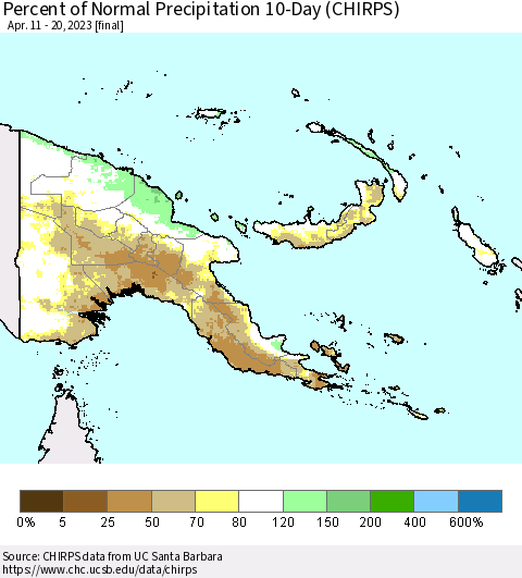 Papua New Guinea Percent of Normal Precipitation 10-Day (CHIRPS) Thematic Map For 4/11/2023 - 4/20/2023