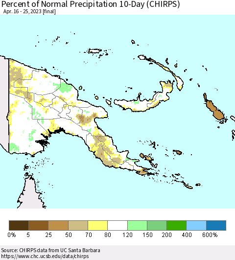 Papua New Guinea Percent of Normal Precipitation 10-Day (CHIRPS) Thematic Map For 4/16/2023 - 4/25/2023