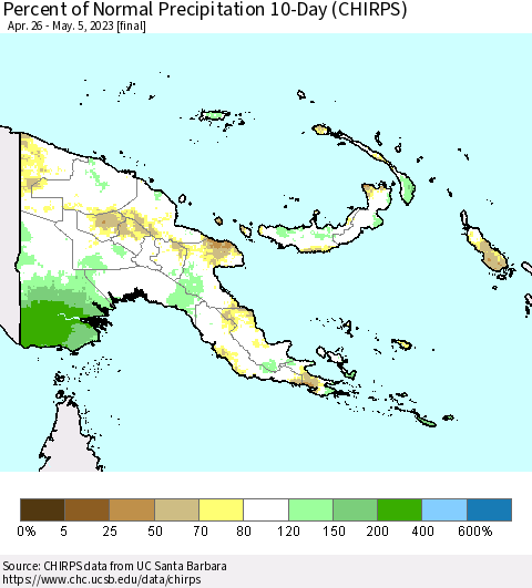 Papua New Guinea Percent of Normal Precipitation 10-Day (CHIRPS) Thematic Map For 4/26/2023 - 5/5/2023
