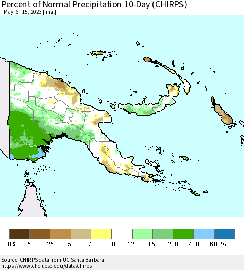 Papua New Guinea Percent of Normal Precipitation 10-Day (CHIRPS) Thematic Map For 5/6/2023 - 5/15/2023