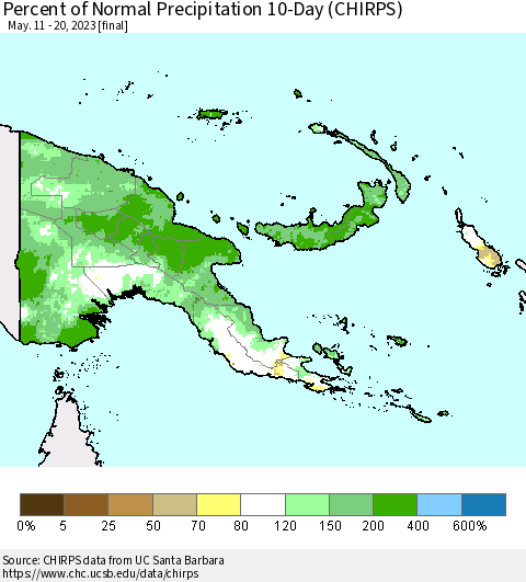 Papua New Guinea Percent of Normal Precipitation 10-Day (CHIRPS) Thematic Map For 5/11/2023 - 5/20/2023