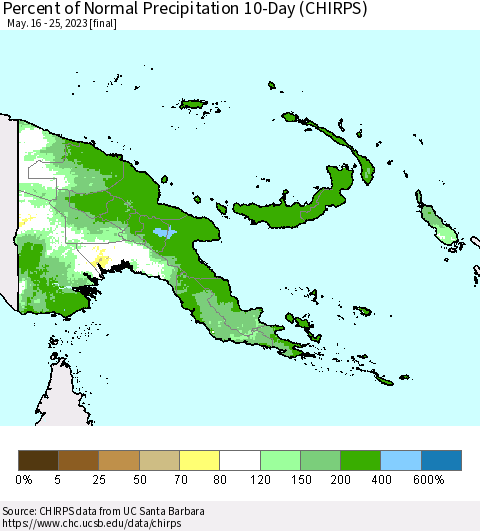 Papua New Guinea Percent of Normal Precipitation 10-Day (CHIRPS) Thematic Map For 5/16/2023 - 5/25/2023