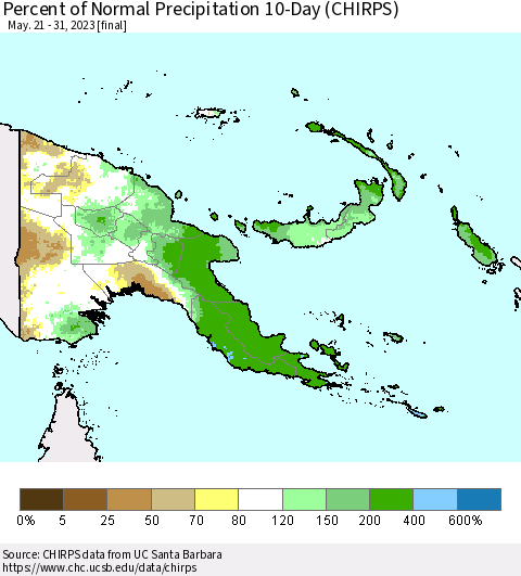 Papua New Guinea Percent of Normal Precipitation 10-Day (CHIRPS) Thematic Map For 5/21/2023 - 5/31/2023