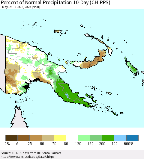 Papua New Guinea Percent of Normal Precipitation 10-Day (CHIRPS) Thematic Map For 5/26/2023 - 6/5/2023