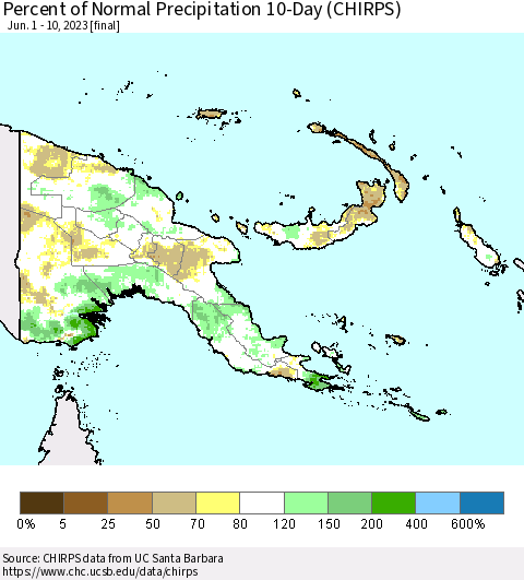 Papua New Guinea Percent of Normal Precipitation 10-Day (CHIRPS) Thematic Map For 6/1/2023 - 6/10/2023