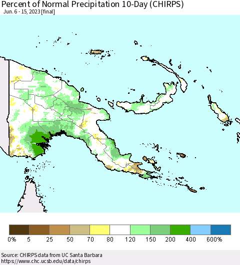 Papua New Guinea Percent of Normal Precipitation 10-Day (CHIRPS) Thematic Map For 6/6/2023 - 6/15/2023