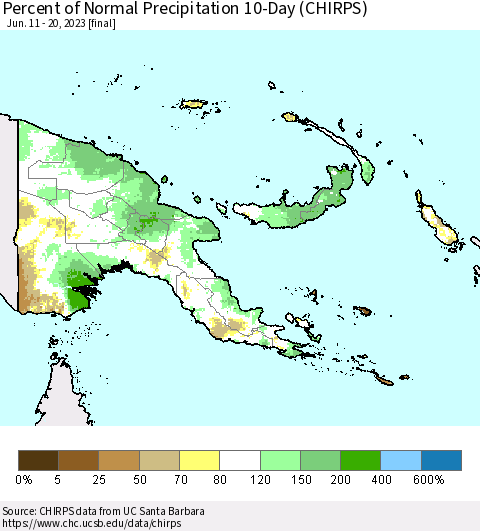 Papua New Guinea Percent of Normal Precipitation 10-Day (CHIRPS) Thematic Map For 6/11/2023 - 6/20/2023