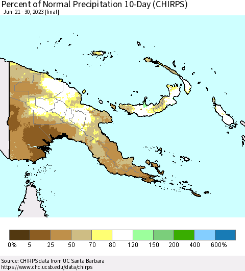 Papua New Guinea Percent of Normal Precipitation 10-Day (CHIRPS) Thematic Map For 6/21/2023 - 6/30/2023