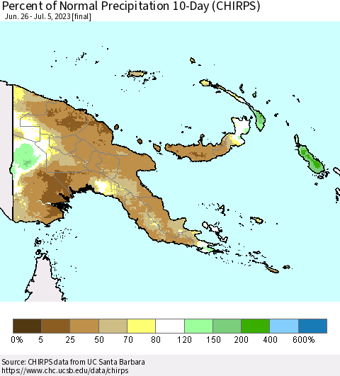 Papua New Guinea Percent of Normal Precipitation 10-Day (CHIRPS) Thematic Map For 6/26/2023 - 7/5/2023