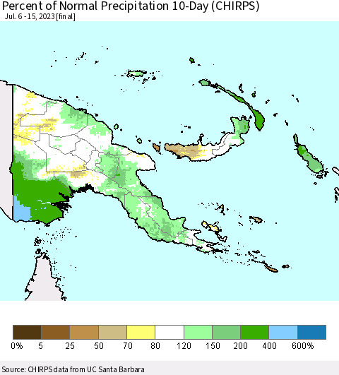 Papua New Guinea Percent of Normal Precipitation 10-Day (CHIRPS) Thematic Map For 7/6/2023 - 7/15/2023