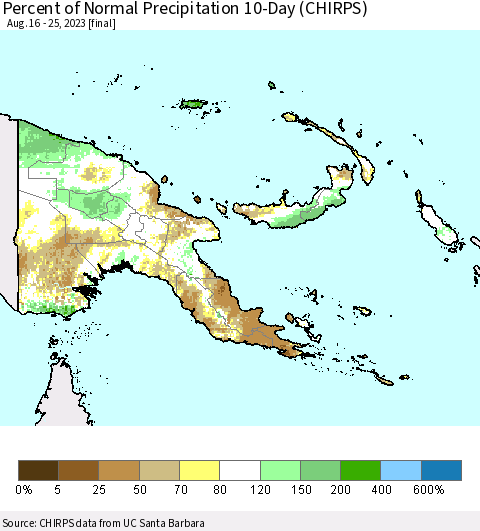 Papua New Guinea Percent of Normal Precipitation 10-Day (CHIRPS) Thematic Map For 8/16/2023 - 8/25/2023