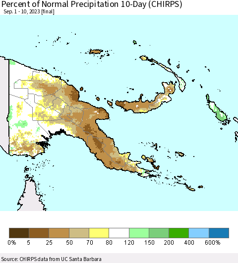Papua New Guinea Percent of Normal Precipitation 10-Day (CHIRPS) Thematic Map For 9/1/2023 - 9/10/2023