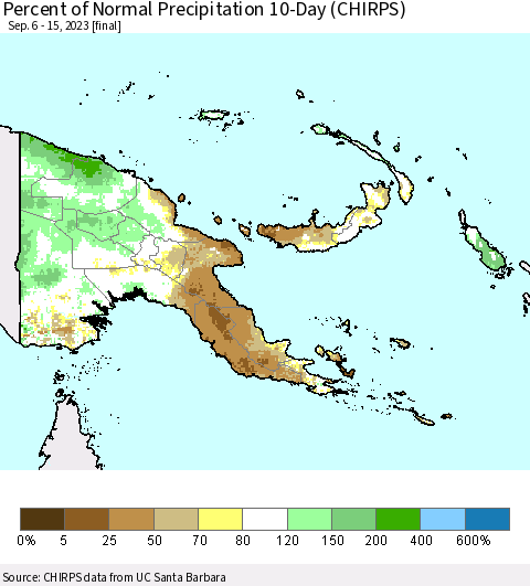 Papua New Guinea Percent of Normal Precipitation 10-Day (CHIRPS) Thematic Map For 9/6/2023 - 9/15/2023