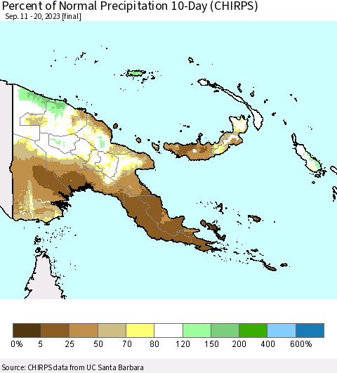 Papua New Guinea Percent of Normal Precipitation 10-Day (CHIRPS) Thematic Map For 9/11/2023 - 9/20/2023