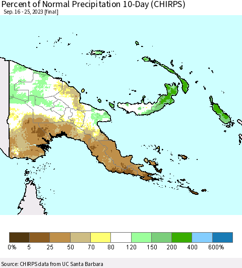 Papua New Guinea Percent of Normal Precipitation 10-Day (CHIRPS) Thematic Map For 9/16/2023 - 9/25/2023