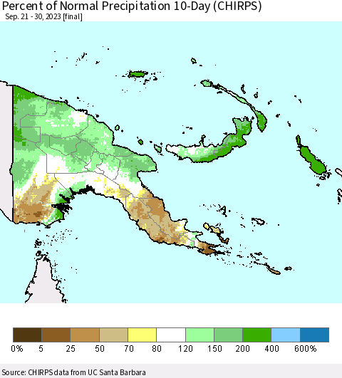 Papua New Guinea Percent of Normal Precipitation 10-Day (CHIRPS) Thematic Map For 9/21/2023 - 9/30/2023