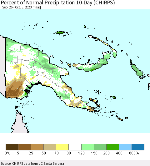 Papua New Guinea Percent of Normal Precipitation 10-Day (CHIRPS) Thematic Map For 9/26/2023 - 10/5/2023
