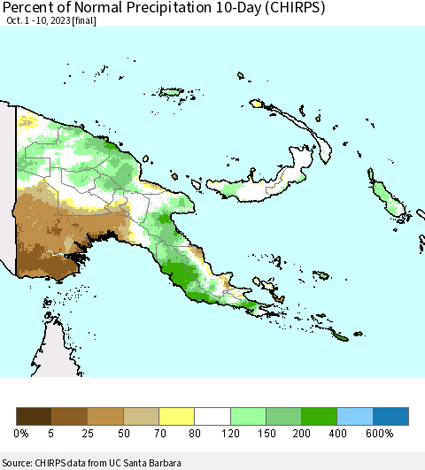 Papua New Guinea Percent of Normal Precipitation 10-Day (CHIRPS) Thematic Map For 10/1/2023 - 10/10/2023