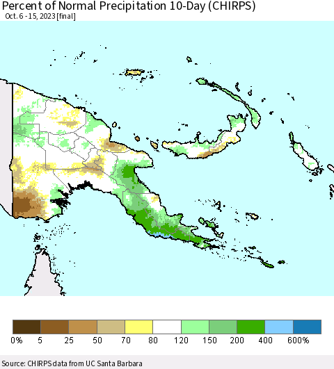 Papua New Guinea Percent of Normal Precipitation 10-Day (CHIRPS) Thematic Map For 10/6/2023 - 10/15/2023