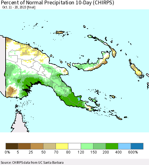 Papua New Guinea Percent of Normal Precipitation 10-Day (CHIRPS) Thematic Map For 10/11/2023 - 10/20/2023