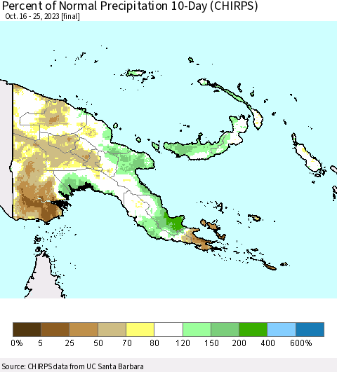 Papua New Guinea Percent of Normal Precipitation 10-Day (CHIRPS) Thematic Map For 10/16/2023 - 10/25/2023
