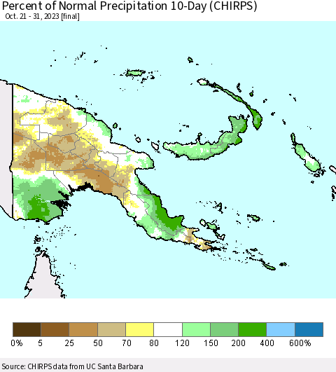 Papua New Guinea Percent of Normal Precipitation 10-Day (CHIRPS) Thematic Map For 10/21/2023 - 10/31/2023