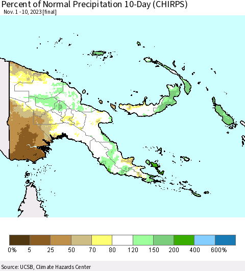 Papua New Guinea Percent of Normal Precipitation 10-Day (CHIRPS) Thematic Map For 11/1/2023 - 11/10/2023