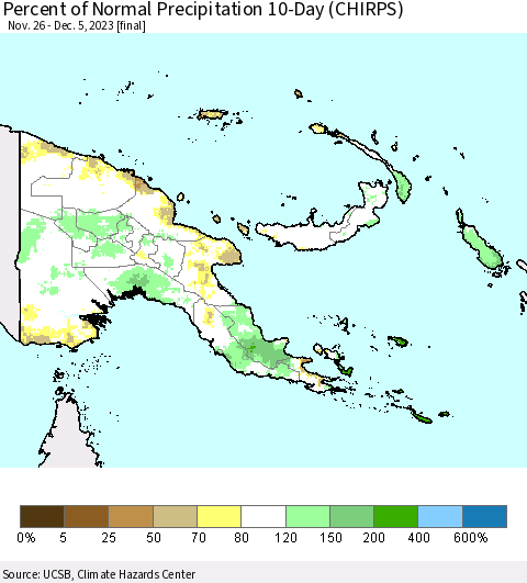 Papua New Guinea Percent of Normal Precipitation 10-Day (CHIRPS) Thematic Map For 11/26/2023 - 12/5/2023