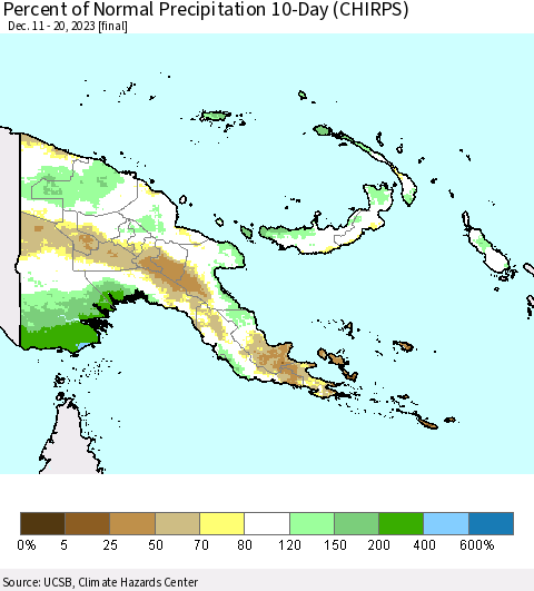 Papua New Guinea Percent of Normal Precipitation 10-Day (CHIRPS) Thematic Map For 12/11/2023 - 12/20/2023