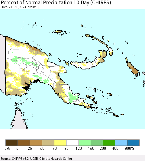 Papua New Guinea Percent of Normal Precipitation 10-Day (CHIRPS) Thematic Map For 12/21/2023 - 12/31/2023