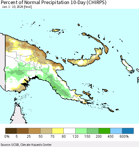Papua New Guinea Percent of Normal Precipitation 10-Day (CHIRPS) Thematic Map For 1/1/2024 - 1/10/2024