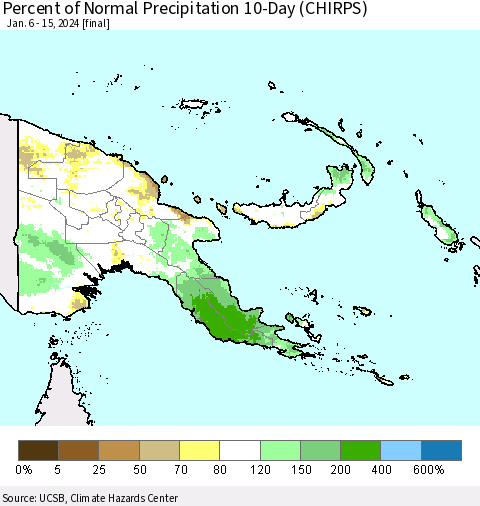 Papua New Guinea Percent of Normal Precipitation 10-Day (CHIRPS) Thematic Map For 1/6/2024 - 1/15/2024