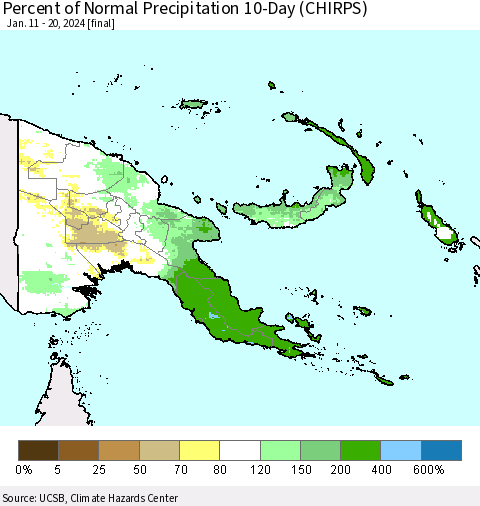 Papua New Guinea Percent of Normal Precipitation 10-Day (CHIRPS) Thematic Map For 1/11/2024 - 1/20/2024