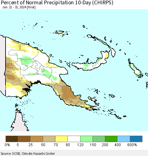 Papua New Guinea Percent of Normal Precipitation 10-Day (CHIRPS) Thematic Map For 1/21/2024 - 1/31/2024