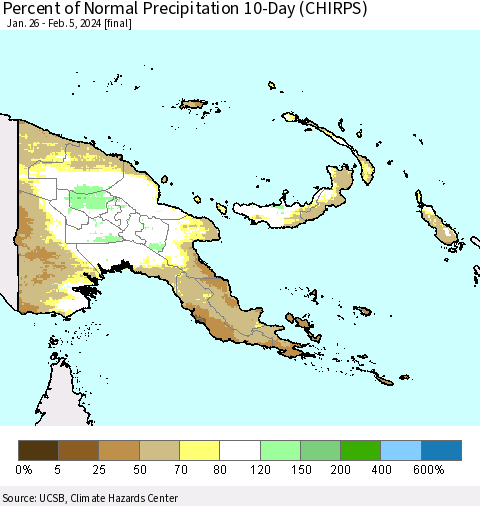 Papua New Guinea Percent of Normal Precipitation 10-Day (CHIRPS) Thematic Map For 1/26/2024 - 2/5/2024