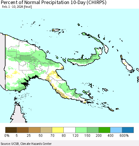 Papua New Guinea Percent of Normal Precipitation 10-Day (CHIRPS) Thematic Map For 2/1/2024 - 2/10/2024