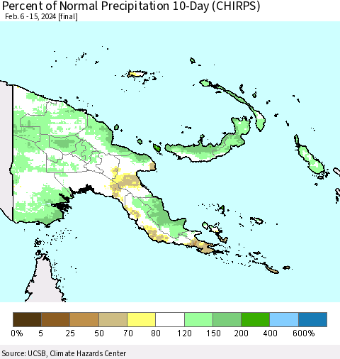 Papua New Guinea Percent of Normal Precipitation 10-Day (CHIRPS) Thematic Map For 2/6/2024 - 2/15/2024