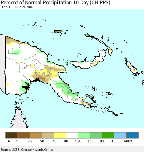 Papua New Guinea Percent of Normal Precipitation 10-Day (CHIRPS) Thematic Map For 2/11/2024 - 2/20/2024