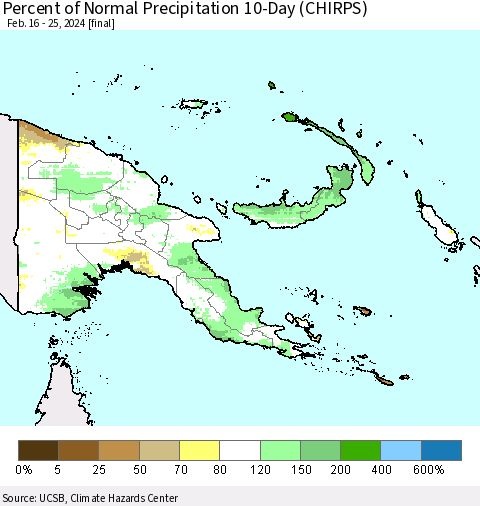 Papua New Guinea Percent of Normal Precipitation 10-Day (CHIRPS) Thematic Map For 2/16/2024 - 2/25/2024