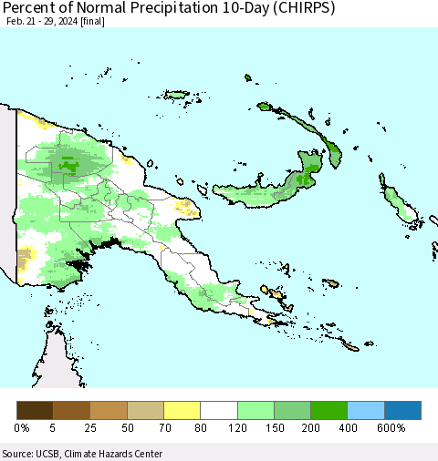 Papua New Guinea Percent of Normal Precipitation 10-Day (CHIRPS) Thematic Map For 2/21/2024 - 2/29/2024