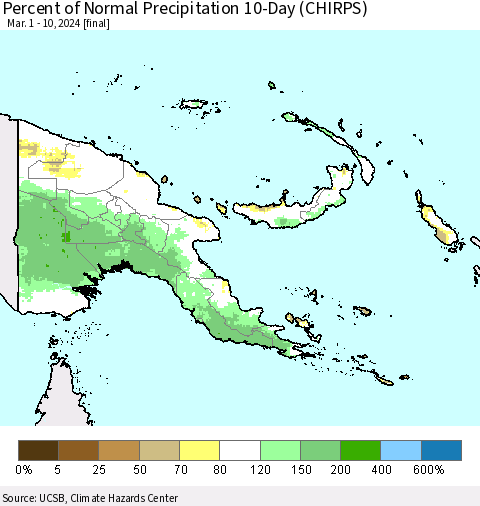 Papua New Guinea Percent of Normal Precipitation 10-Day (CHIRPS) Thematic Map For 3/1/2024 - 3/10/2024