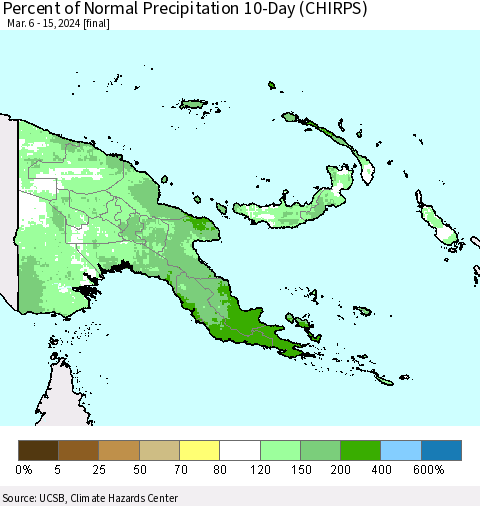 Papua New Guinea Percent of Normal Precipitation 10-Day (CHIRPS) Thematic Map For 3/6/2024 - 3/15/2024