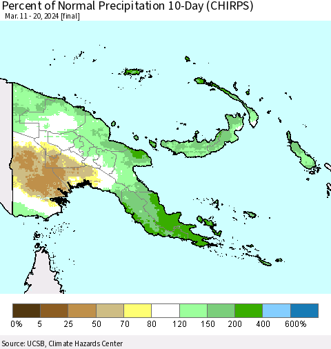 Papua New Guinea Percent of Normal Precipitation 10-Day (CHIRPS) Thematic Map For 3/11/2024 - 3/20/2024