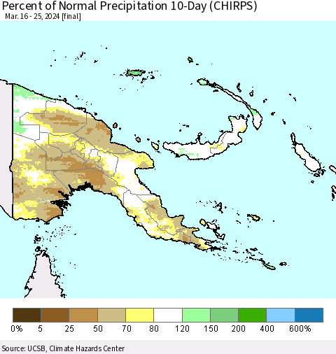 Papua New Guinea Percent of Normal Precipitation 10-Day (CHIRPS) Thematic Map For 3/16/2024 - 3/25/2024