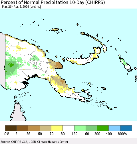 Papua New Guinea Percent of Normal Precipitation 10-Day (CHIRPS) Thematic Map For 3/26/2024 - 4/5/2024