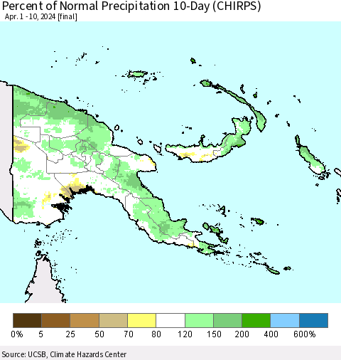 Papua New Guinea Percent of Normal Precipitation 10-Day (CHIRPS) Thematic Map For 4/1/2024 - 4/10/2024
