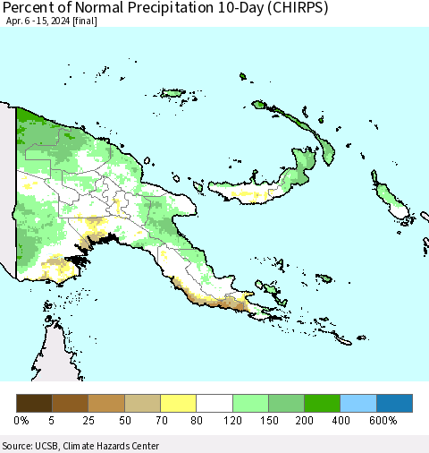 Papua New Guinea Percent of Normal Precipitation 10-Day (CHIRPS) Thematic Map For 4/6/2024 - 4/15/2024