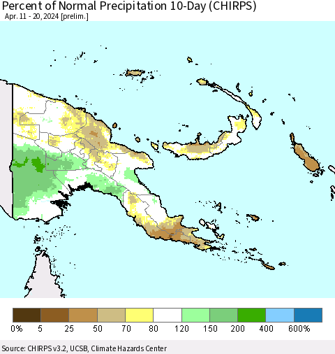 Papua New Guinea Percent of Normal Precipitation 10-Day (CHIRPS) Thematic Map For 4/11/2024 - 4/20/2024